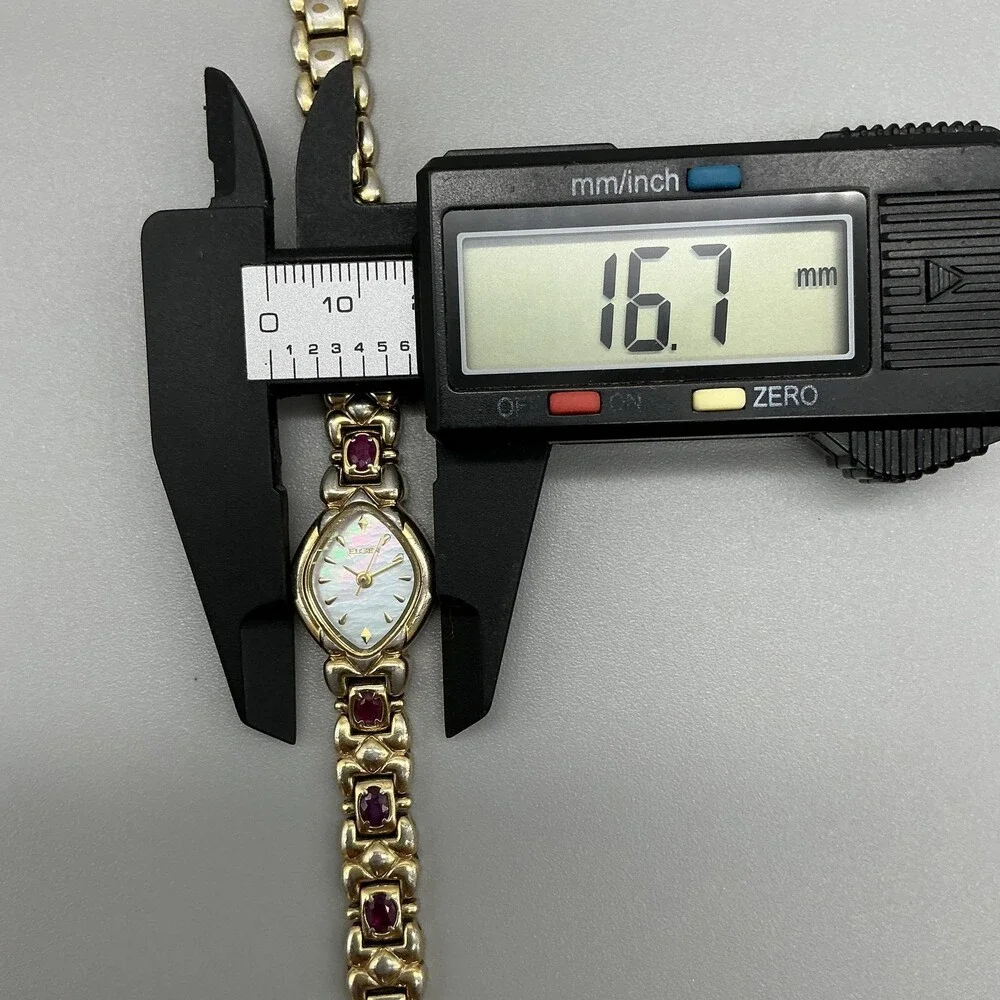 Elgin Ruby Womens Watch 17mm MOP Dial Gold Tone Bracelet New Battery 7.5